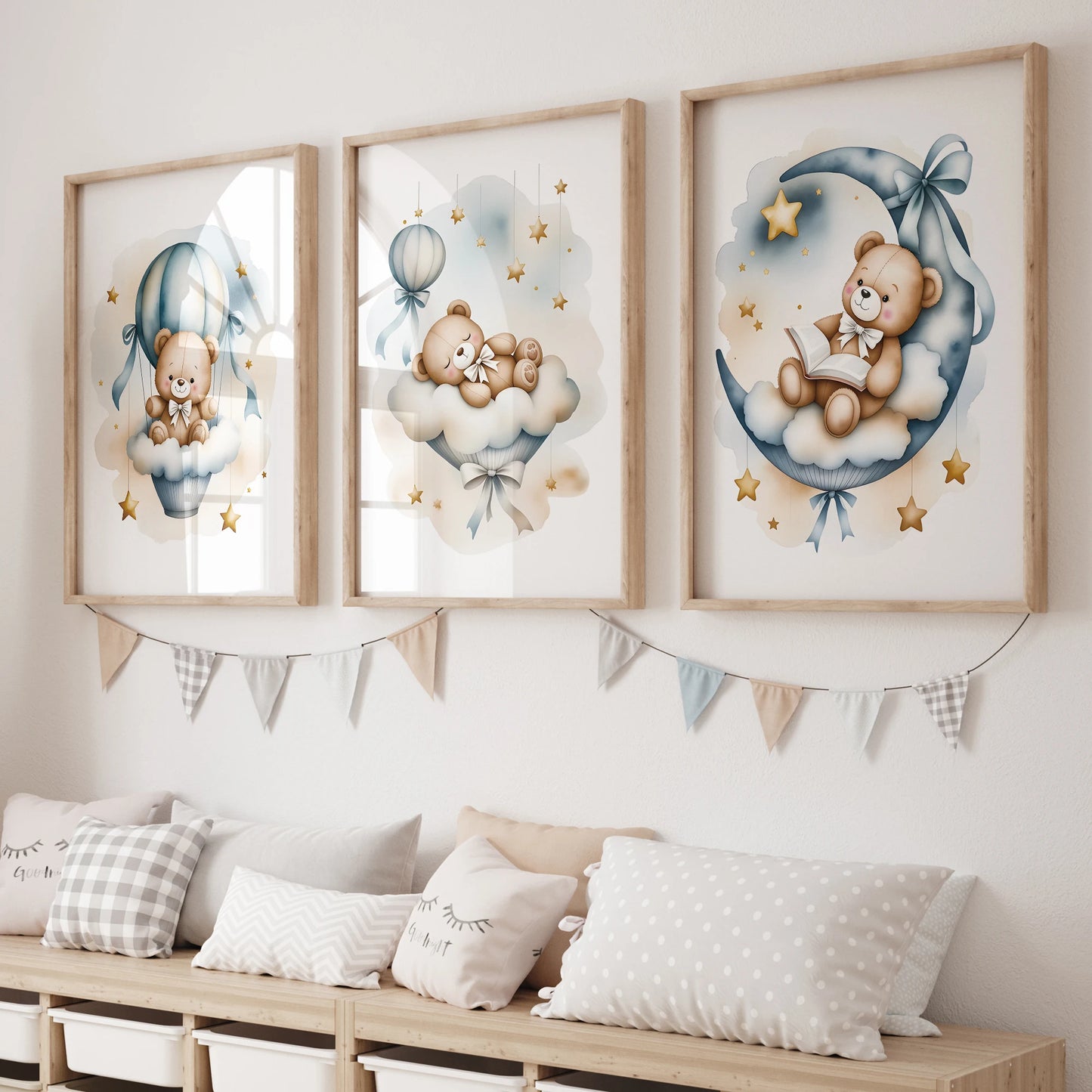 3pcs Modern,Cartoon Blue Dreamy Bear Wall Art Print Canvas Painting Poster Picture For Living Room,Bedroom,Kids Room Home Decor Peaceful Pleasures Health and Wellness CH170-3pcs 60x80cm Unframed