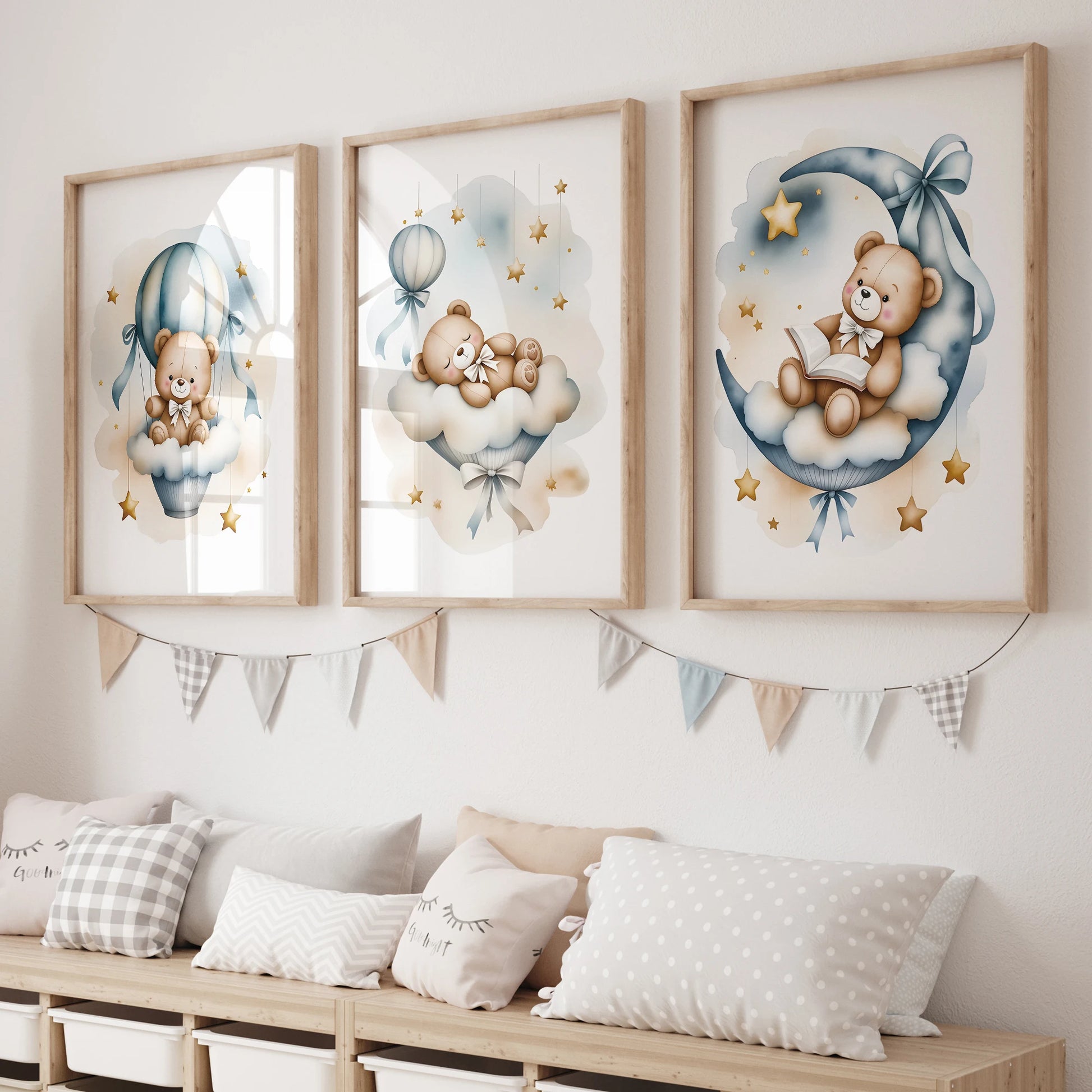3pcs Modern,Cartoon Blue Dreamy Bear Wall Art Print Canvas Painting Poster Picture For Living Room,Bedroom,Kids Room Home Decor Peaceful Pleasures Health and Wellness CH170-3pcs 60x80cm Unframed