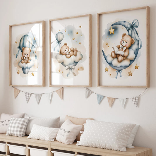 3pcs Modern,Cartoon Blue Dreamy Bear Wall Art Print Canvas Painting Poster Picture For Living Room,Bedroom,Kids Room Home Decor Peaceful Pleasures Health and Wellness CH170-3pcs 60x80cm Unframed