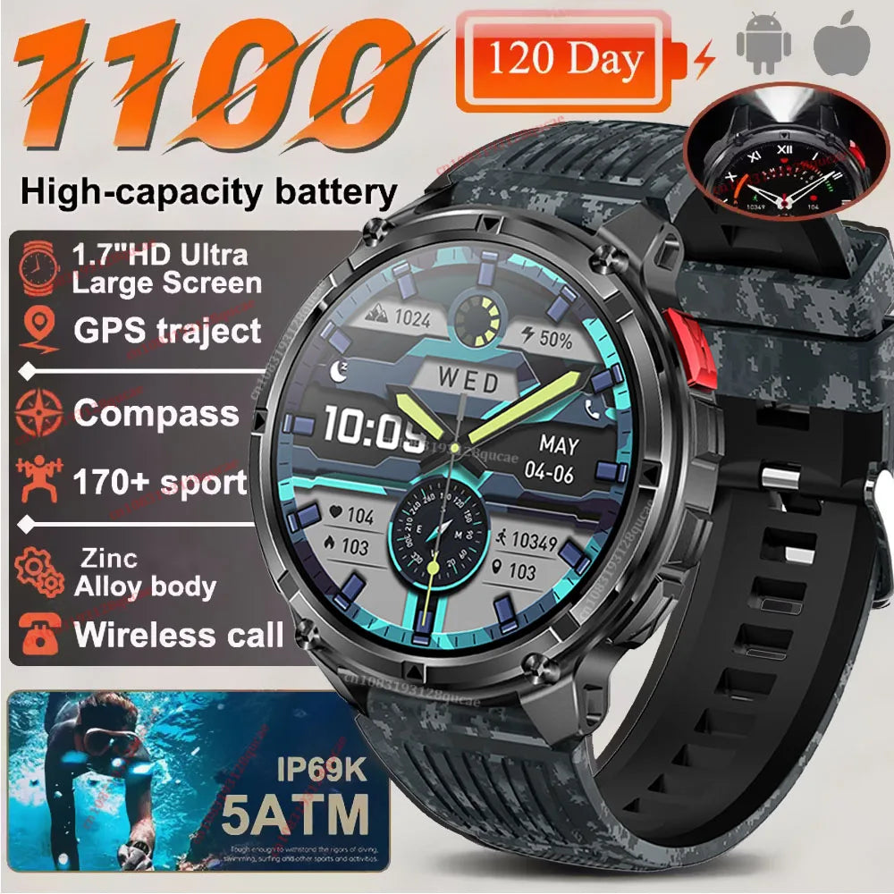 Ola Esporte Military Smartwatch 1.7" AMOLED GPS LED Flashlight