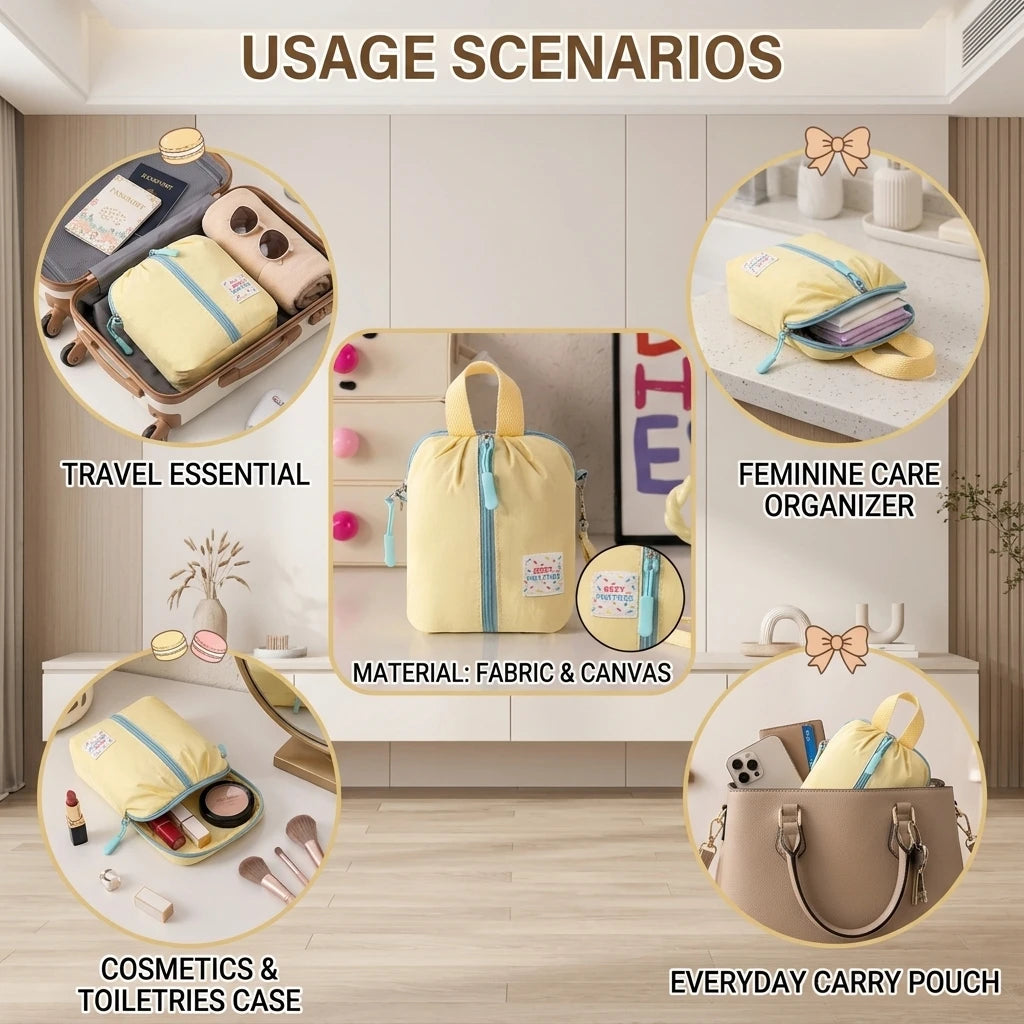 Macaron Color Sanitary Pad Storage Pouch Compact Waterproof Travel Cosmetic Bag for Women with Zipper for Toiletries Peaceful Pleasures Health and Wellness
