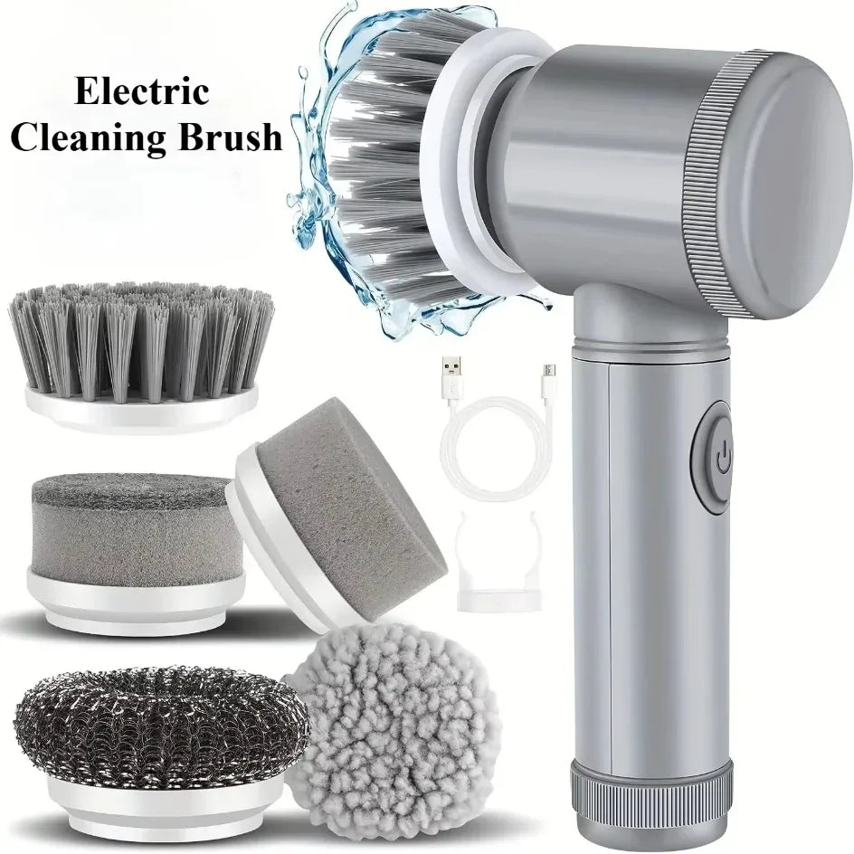 5-in-1 Electric Spin Scrubber Brush with 5 Heads for Bathroom Sink Bathtub Tile Shower Power Cleaning Peaceful Pleasures Health and Wellness Grey