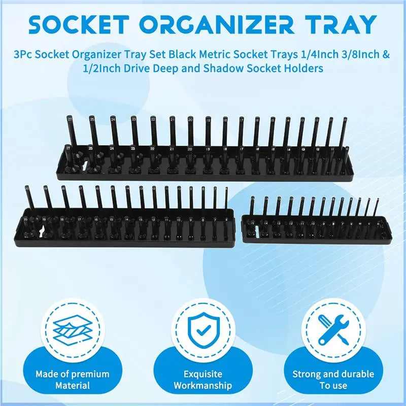 A36T-3Pc Socket Organizer Tray Set Socket Trays 1/4Inch 3/8Inch & 1/2Inch Drive Deep And Shadow Socket Holders Peaceful Pleasures Health and Wellness