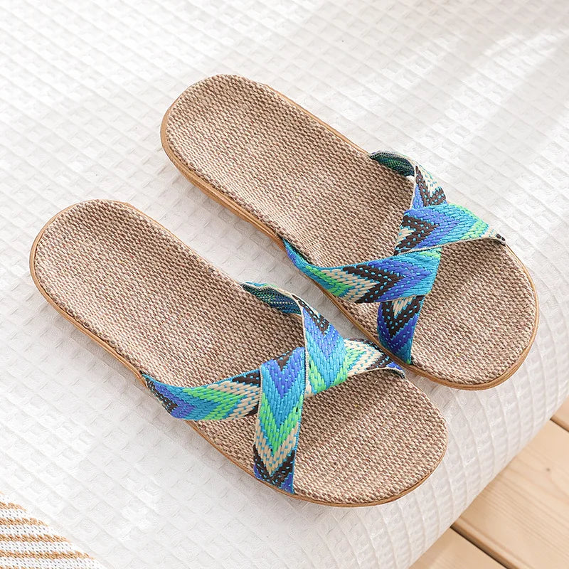 Women's Crossed Linen Flat Slippers – Indoor Beach Sandals