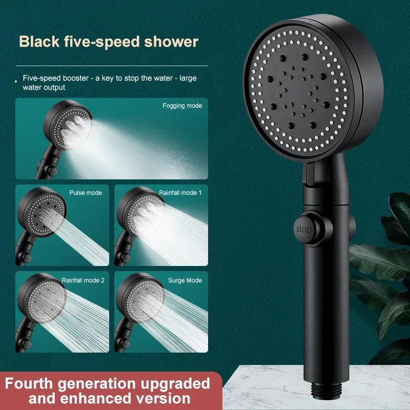 5-Mode High-Pressure Handheld Shower Head with Hose & Stop