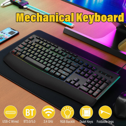E-YOOSO RGB Colorful Gaming Keyboard 104 Keys Bluetooth 2.4G USB Wired Mechanical Keyboard with Wrist Rest Low Voltage Indicator Peaceful Pleasures Health and Wellness