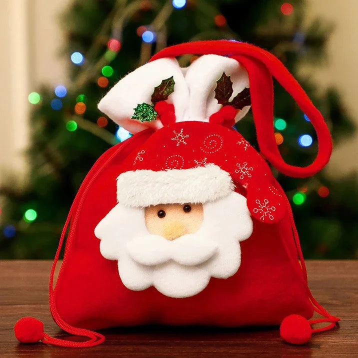 Christmas Gift Bags Santa Snowman Moose Drawstring Goodie Bags