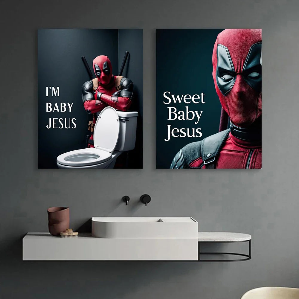 Deadpool Funny Bathroom Poster Sweet Baby Jesus Art Print Disney Superhero Toilet Canvas Painting Home Bathroom Toilet Decor Peaceful Pleasures Health and Wellness