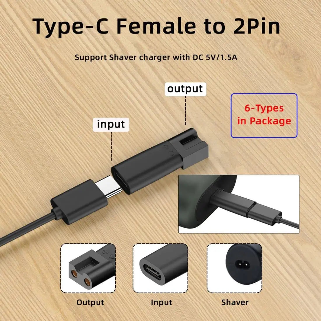 6-Piece Type-C USB Adapter Set for Hair Clippers & Trimmers