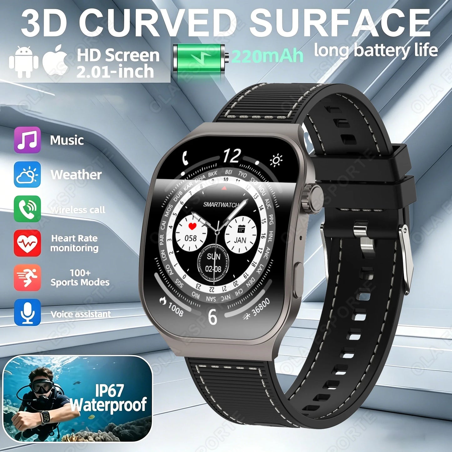 Ola Esporte Bluetooth Smart Watch Men 2.01" HD | Android iOS