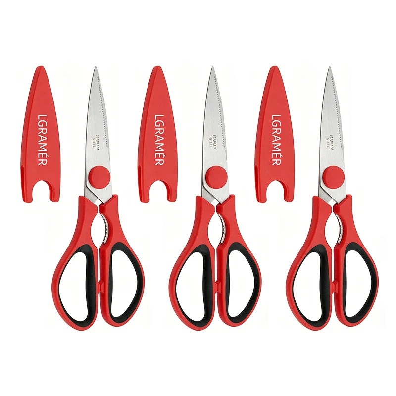 Red Stainless Steel Kitchen Scissors | Serrated Shears & Opener