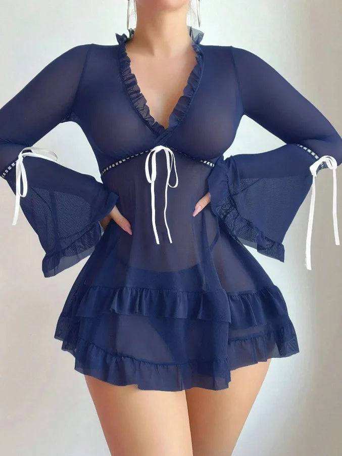 Printed Mesh Sheer Long-Sleeve Backless Mini Dress Set