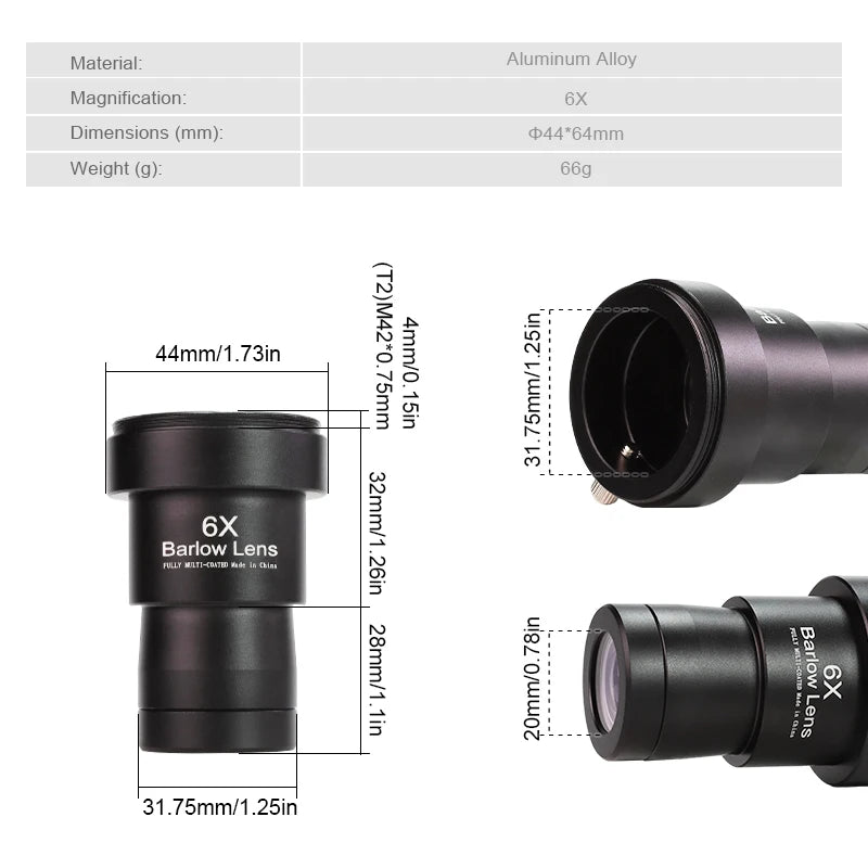 Telescope Barlow Lens 6X 1.25inch (3.17cm) Telescope Accessories All-Metal Multi-Coated Broadband Green Film Achromatic Optical Lens Suitable for Astronomy Eyepieces Peaceful Pleasures Health and Wellness