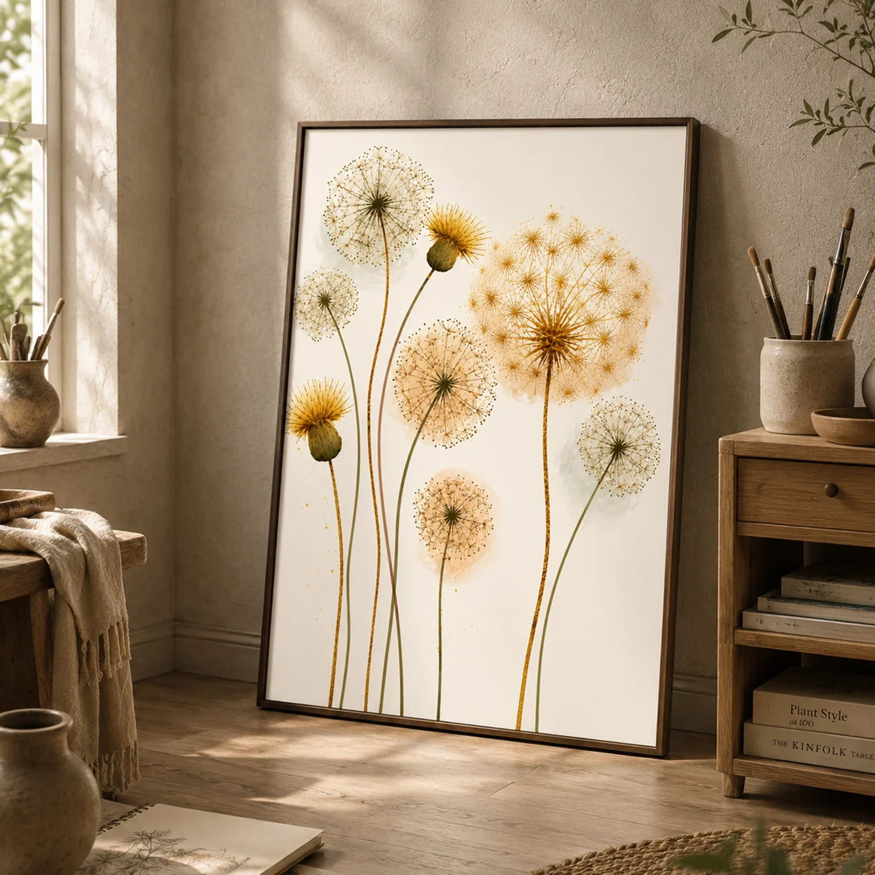 Nordic Dandelion Wall Art Gold Botanical Canvas Painting Poster Print Bedroom Living Room Decor Peaceful Pleasures Health and Wellness