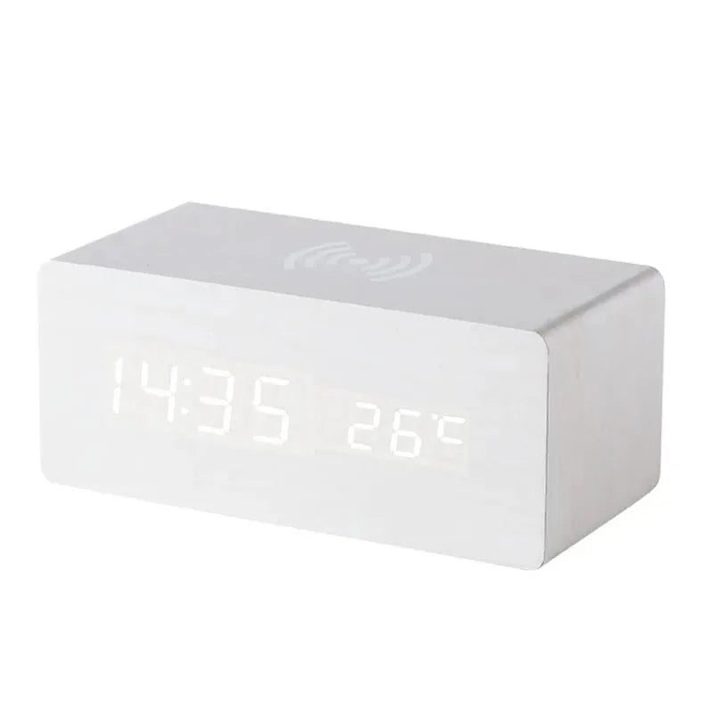 Wooden Digital Alarm Clock with Wireless Charging LED Clock with Time Date Temperature Desk Clocks for Office Bedside Clock Peaceful Pleasures Health and Wellness White-Charging