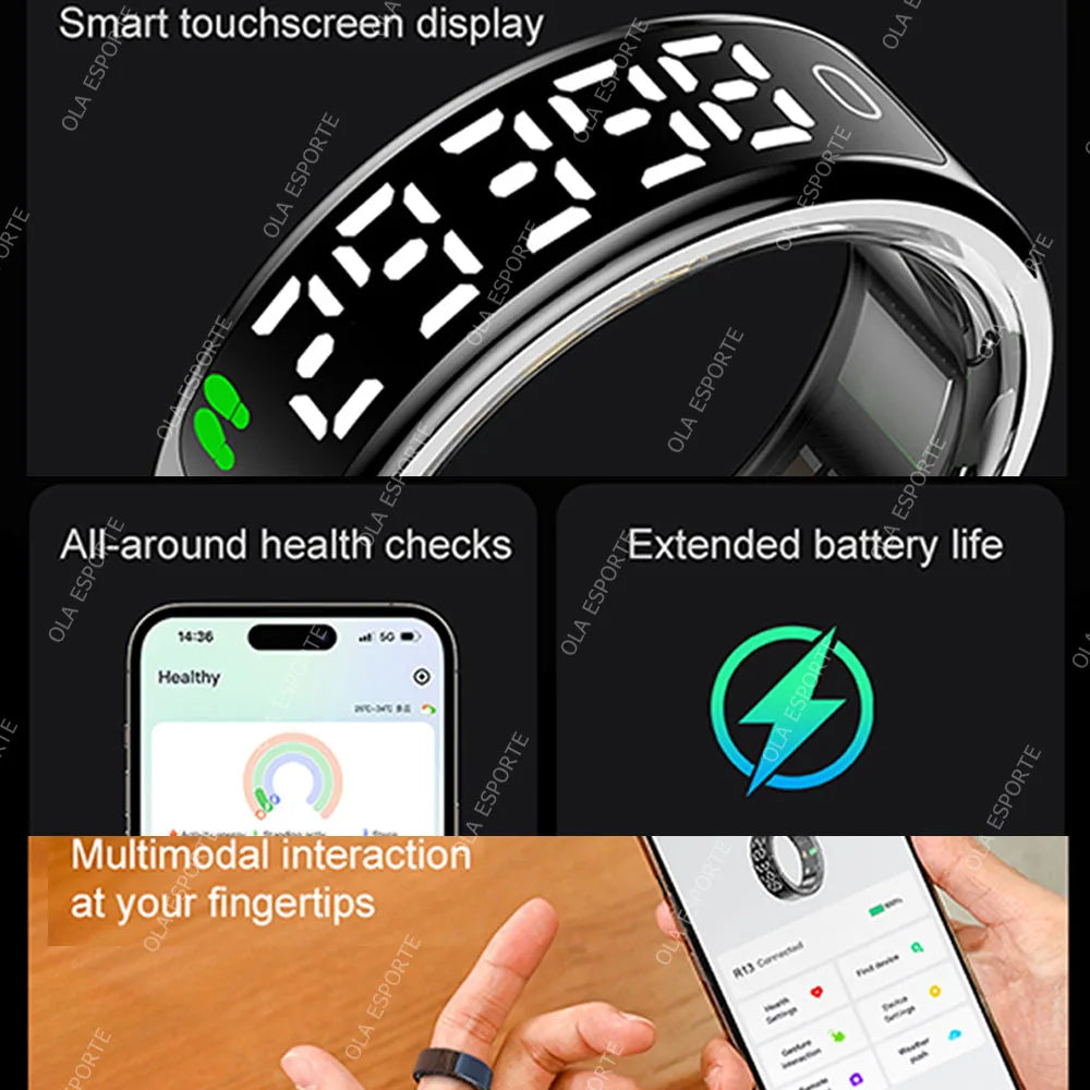 LED Hd Screen Smart Ring Tiktok Control Men Ring 5ATM Waterproof Heart Rate Sleep Monitor Women Smartring 100+Sports Model Ring Peaceful Pleasures Health and Wellness