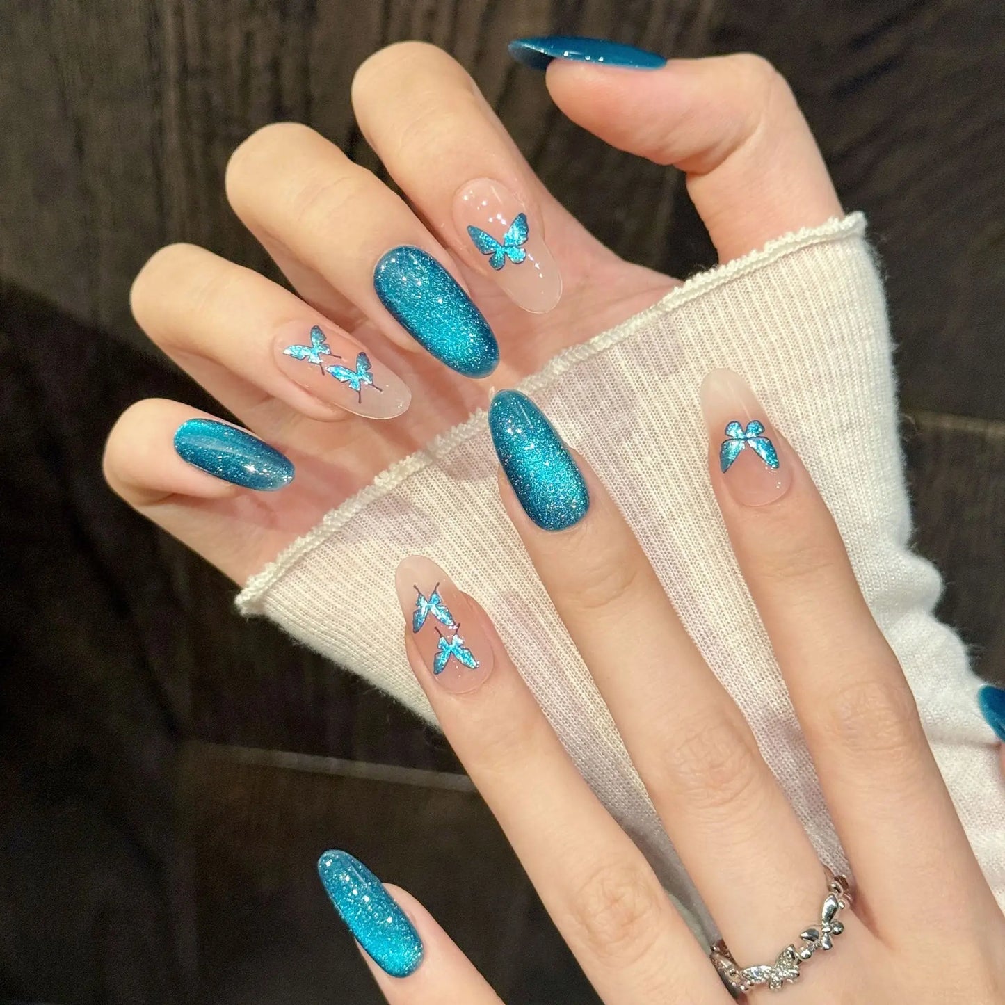 Handmade Blue Glitter Butterfly Press-On Nails | Cat's Eye Short