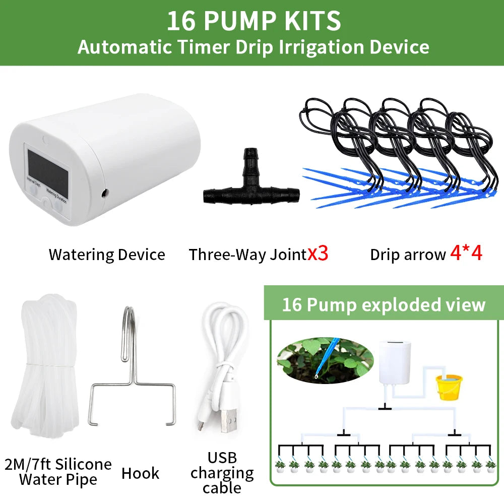 Automatic Plant Flower Watering Pump Home Sprinkler Drip Irrigation Device 2/4/8/16 Heads Pump Timer System Kit Garden Tool Peaceful Pleasures Health and Wellness 16 pump kit