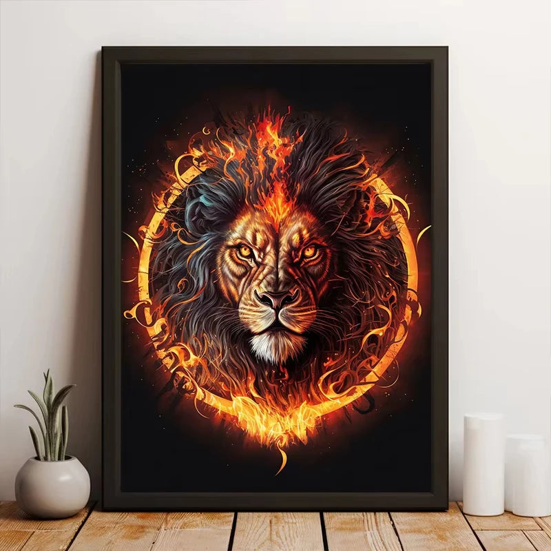 Fire Tiger Lion Wolf Canvas Wall Art | Wild Animals Poster