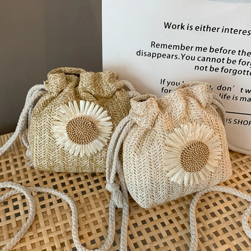 Rattan Straw Woven Crossbody Bucket Bag | Flower Shoulder Bag