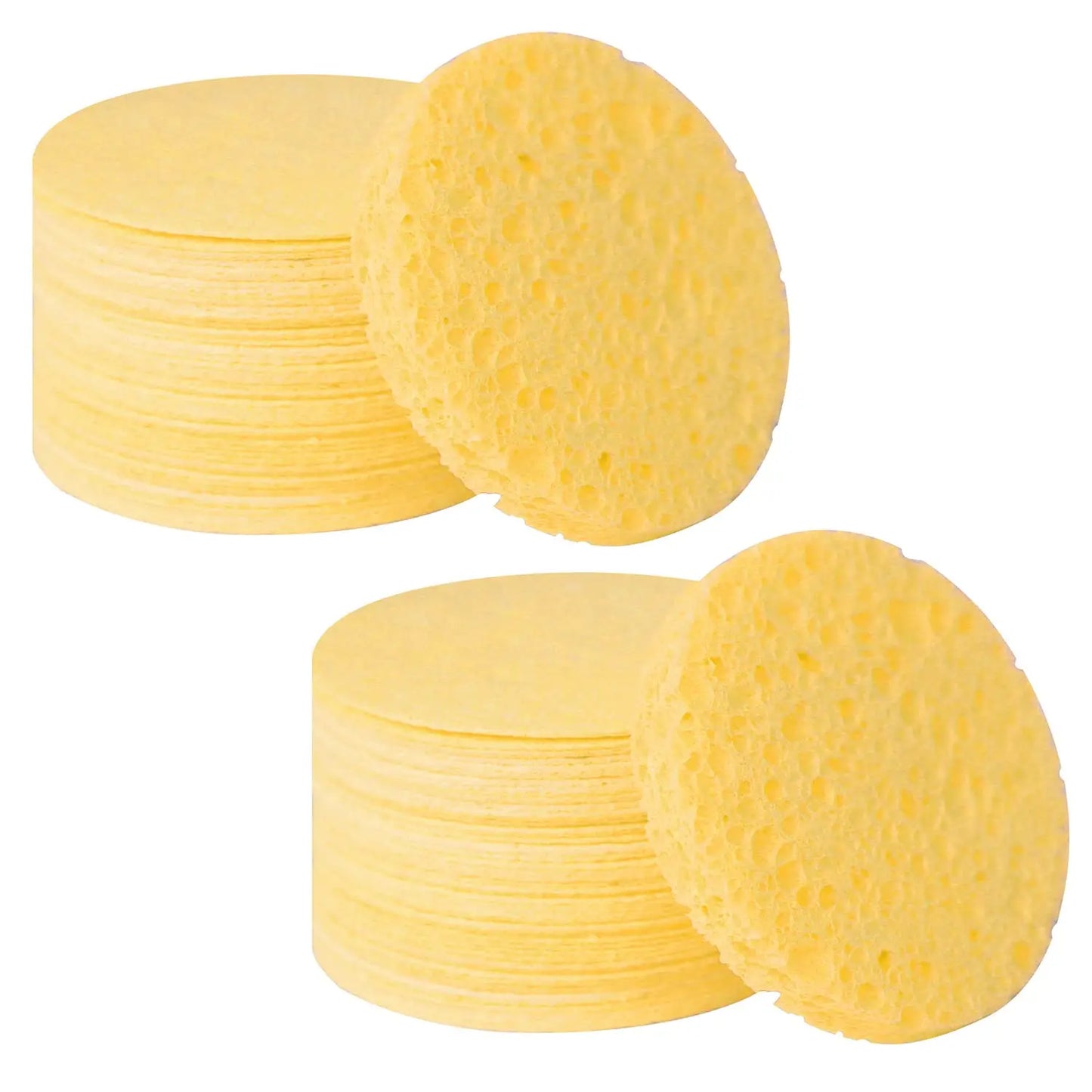 Compressed, 100% Natural Cellulose Face Sponges. Multi-use for cleansing, exfoliating & makeup removal. Expands with water. Peaceful Pleasures Health and Wellness yellow-30pcs-01