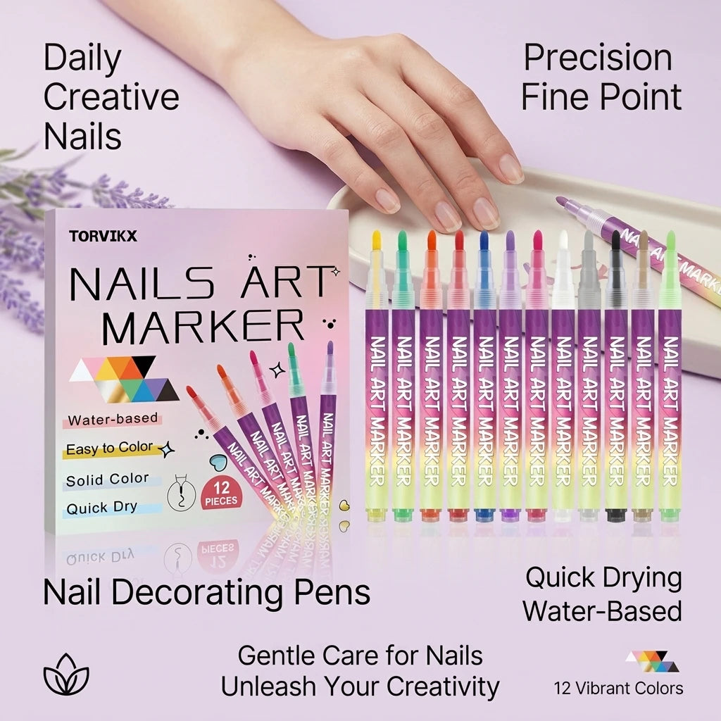 Nail Art Marker Pens Set Nourishing DIY Manicure Long‑lasting Smudge‑proof Quick-Dry 12 Colors Water‑based Nail Graffiti Pens Peaceful Pleasures Health and Wellness