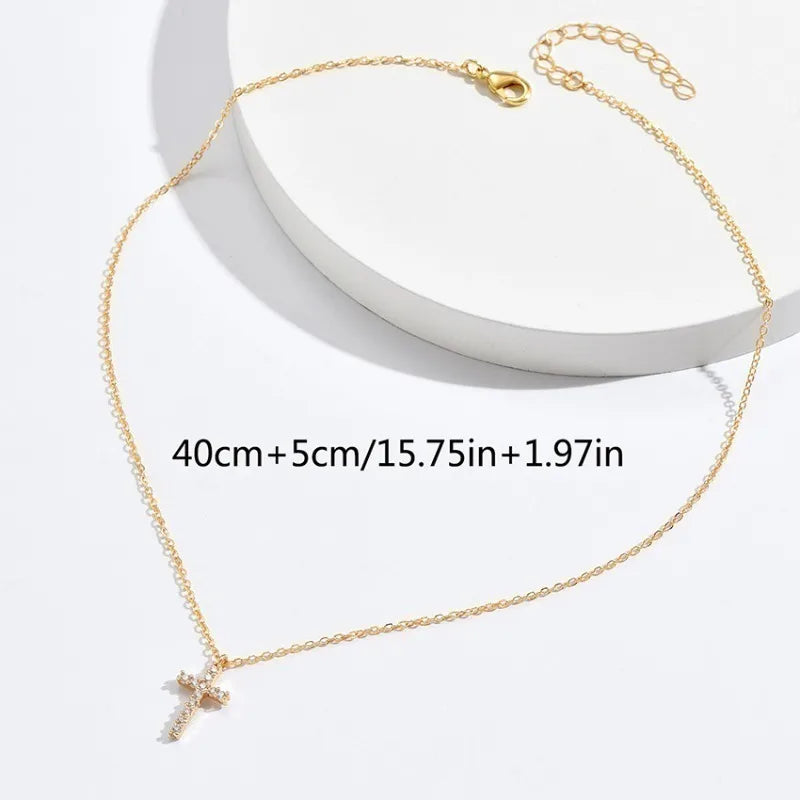 Zircon Cross Pendant Necklace – Minimalist Clavicle Chain Women