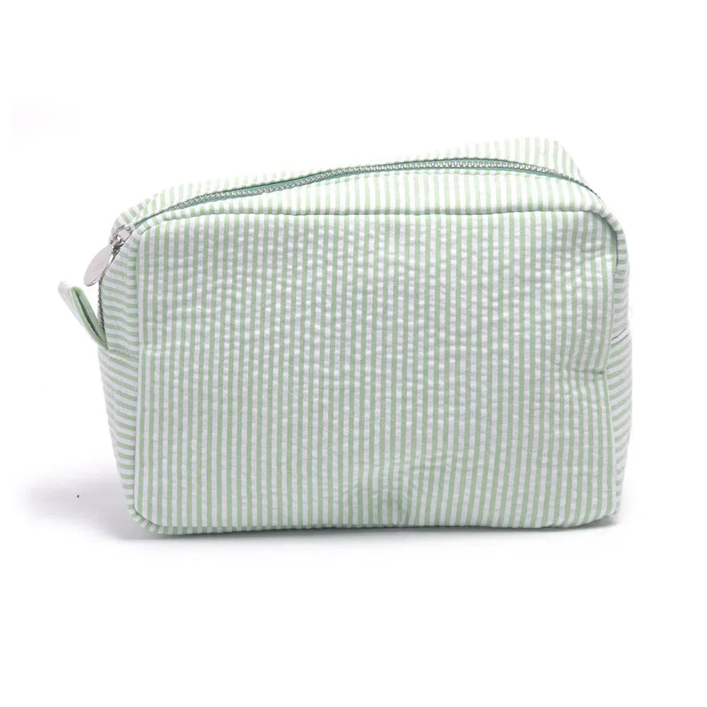 Seersucker Ruffle Cosmetic Bag – Pink & Purple Makeup Bag Cosmetic Makeup Bag Peaceful Pleasures Health and Wellness green