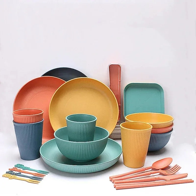 48-Piece Wheat Straw Eco-Friendly Dinnerware Set for 4 – BPA-Free Plates, Bowls, Mugs & Cutlery for Home & Camping