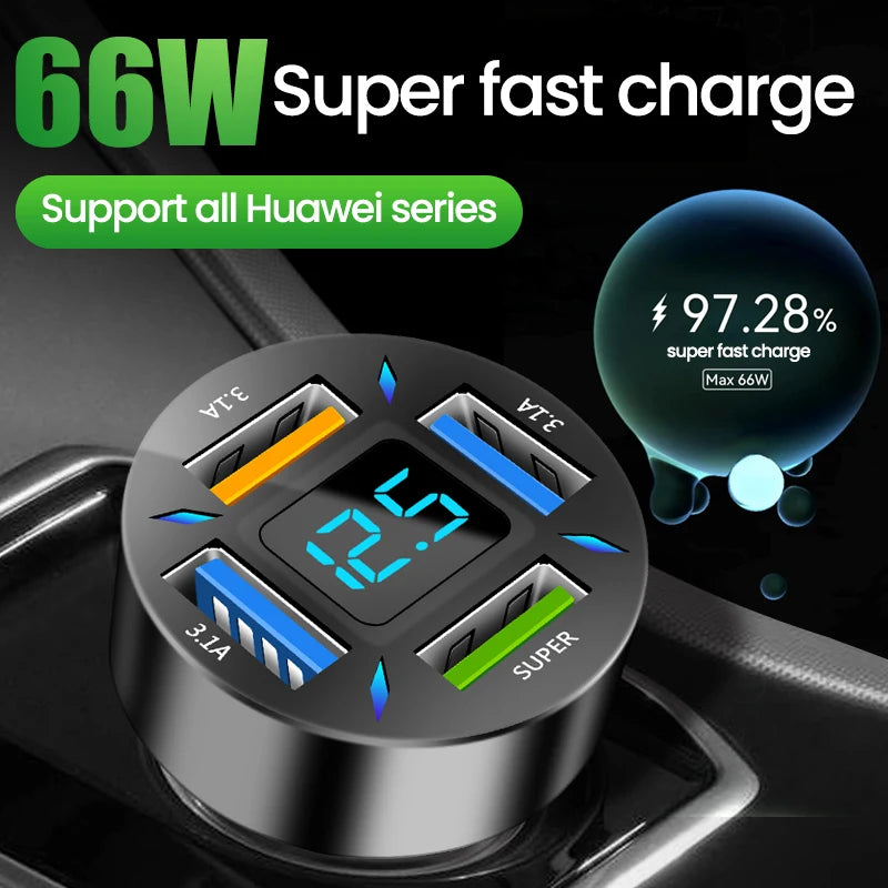 4-Port 66W Car Charger PD QC3.0 Fast Charging USB Type-C