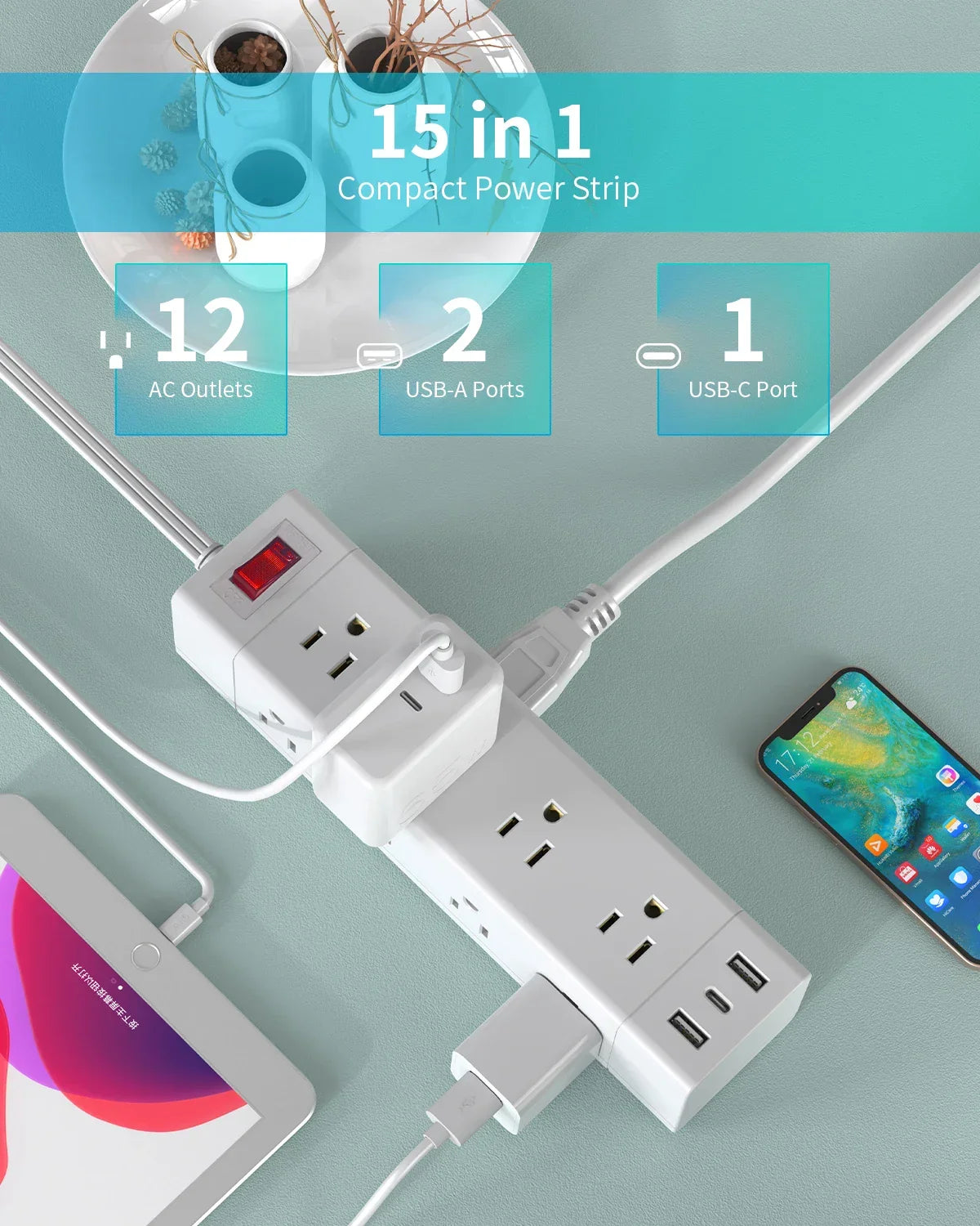 PASSUS 3-Way Power Strip with PD20W Fast Charging & Safety Switch Peaceful Pleasures Health and Wellness 12 110-250V United States