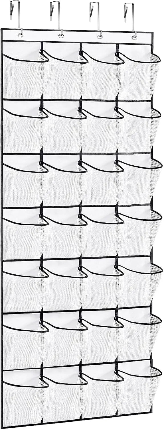 Clear shoe organizer with black hooks on a white background