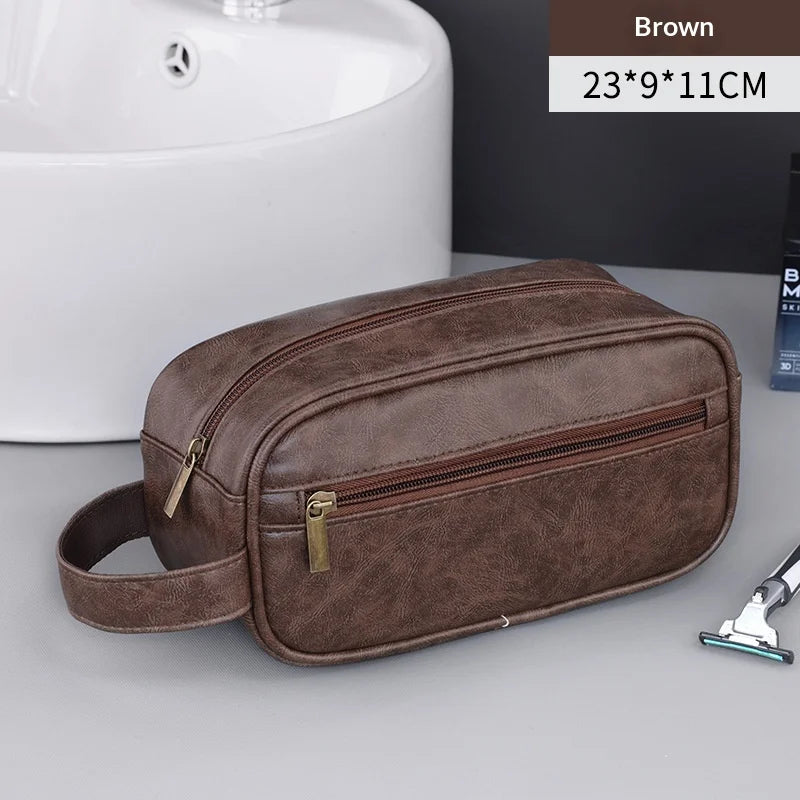 Large Capacity Men Leather Travel Wash Bag Business Trips Portable Cosmetic Bag Multi Pocket Design Handheld Leather Wash Bag Peaceful Pleasures Health and Wellness PU tea color
