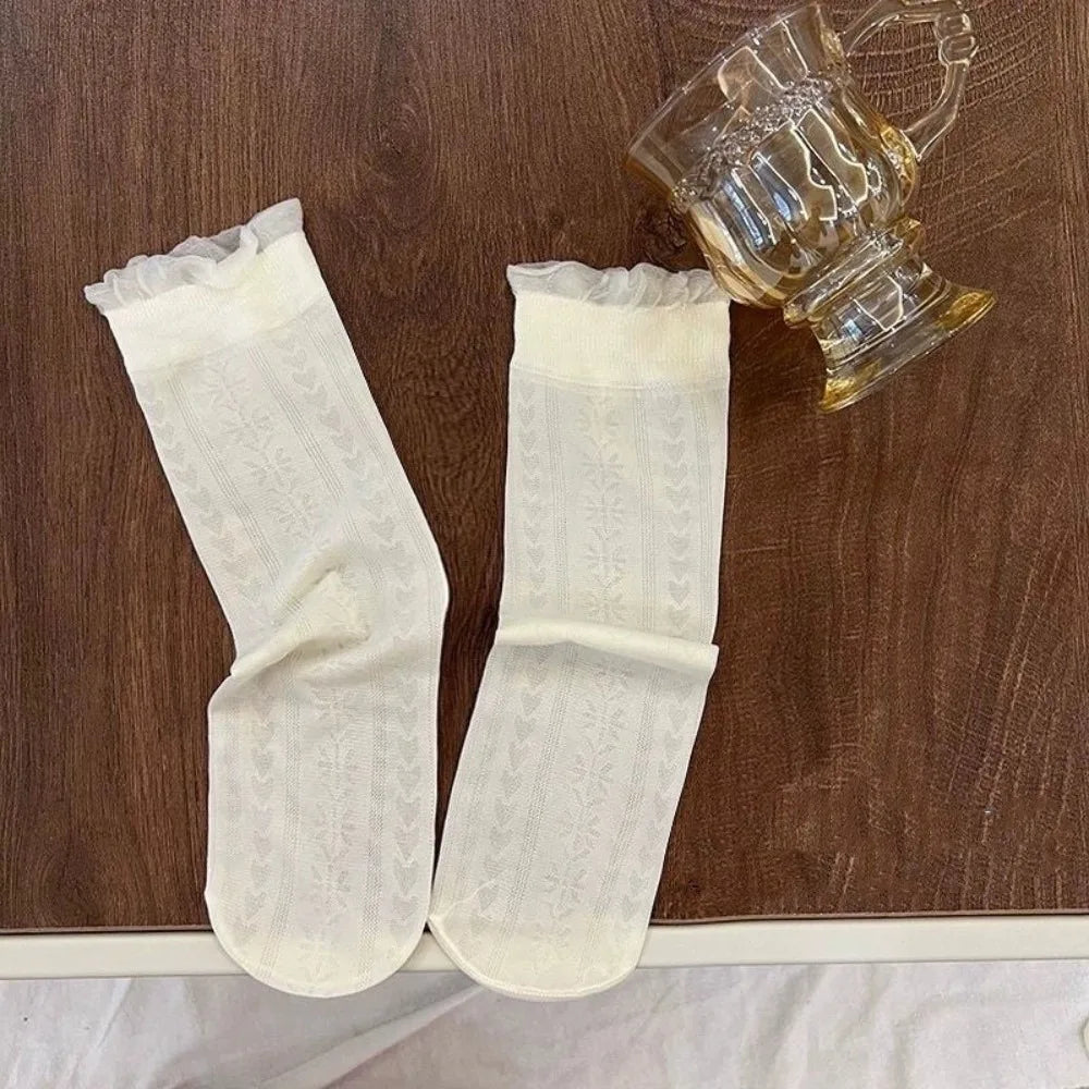 Women's Ruffled Lace Mesh Socks | Sheer Ice Silk Mid-Tube Lace Mesh Socks Peaceful Pleasures Health and Wellness One Size Love