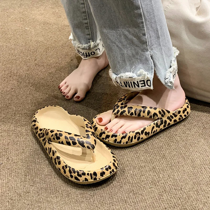 Women's Leopard Cloud Flip-Flops | Thick-Sole Beach Slippers