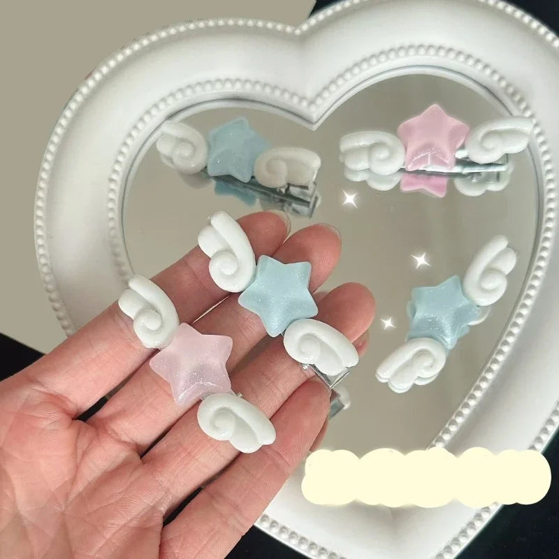 New Jelly Pink Star Wings Hair Clip Cartoon Sweet Versatile Side Clip Hair Accessories Superlatives Duckbill Star Wing Hairpin Peaceful Pleasures Health and Wellness