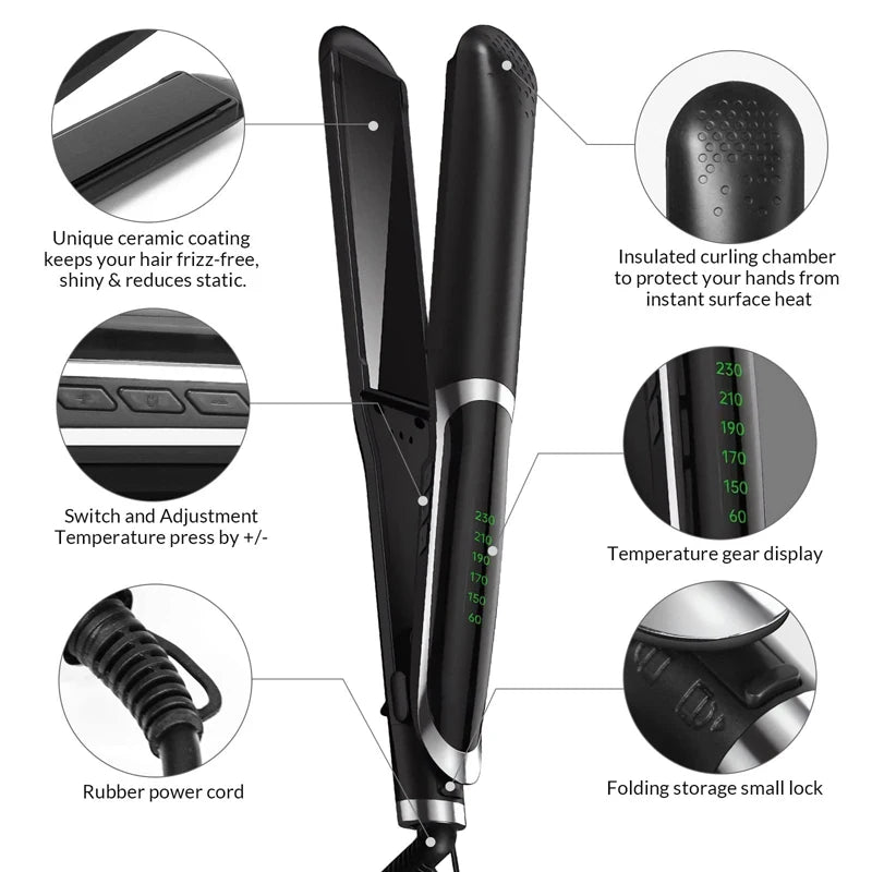 Salon Grade Ceramic Plate Hair Straightener LCD Display Tourmaline Infrared Multi-Temperature Electric for Peaceful Pleasures Health and Wellness