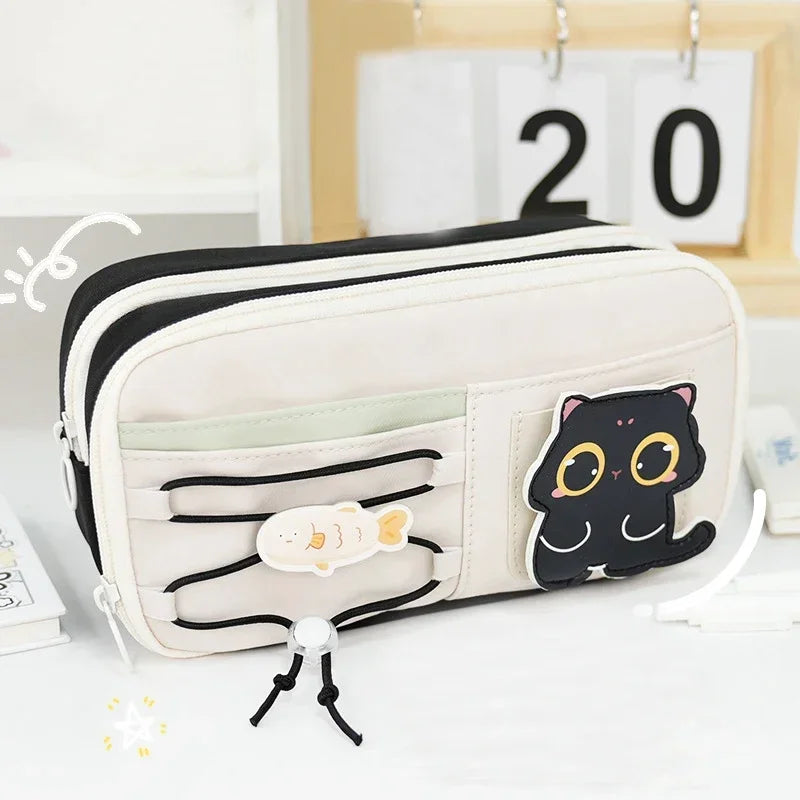 Large Capacity Cute Cat Pencil Bags Oxford Cloth Multi-layer Pencil Cases Kids School Office Supplies Stationery Storage Bag Peaceful Pleasures Health and Wellness Black Cat