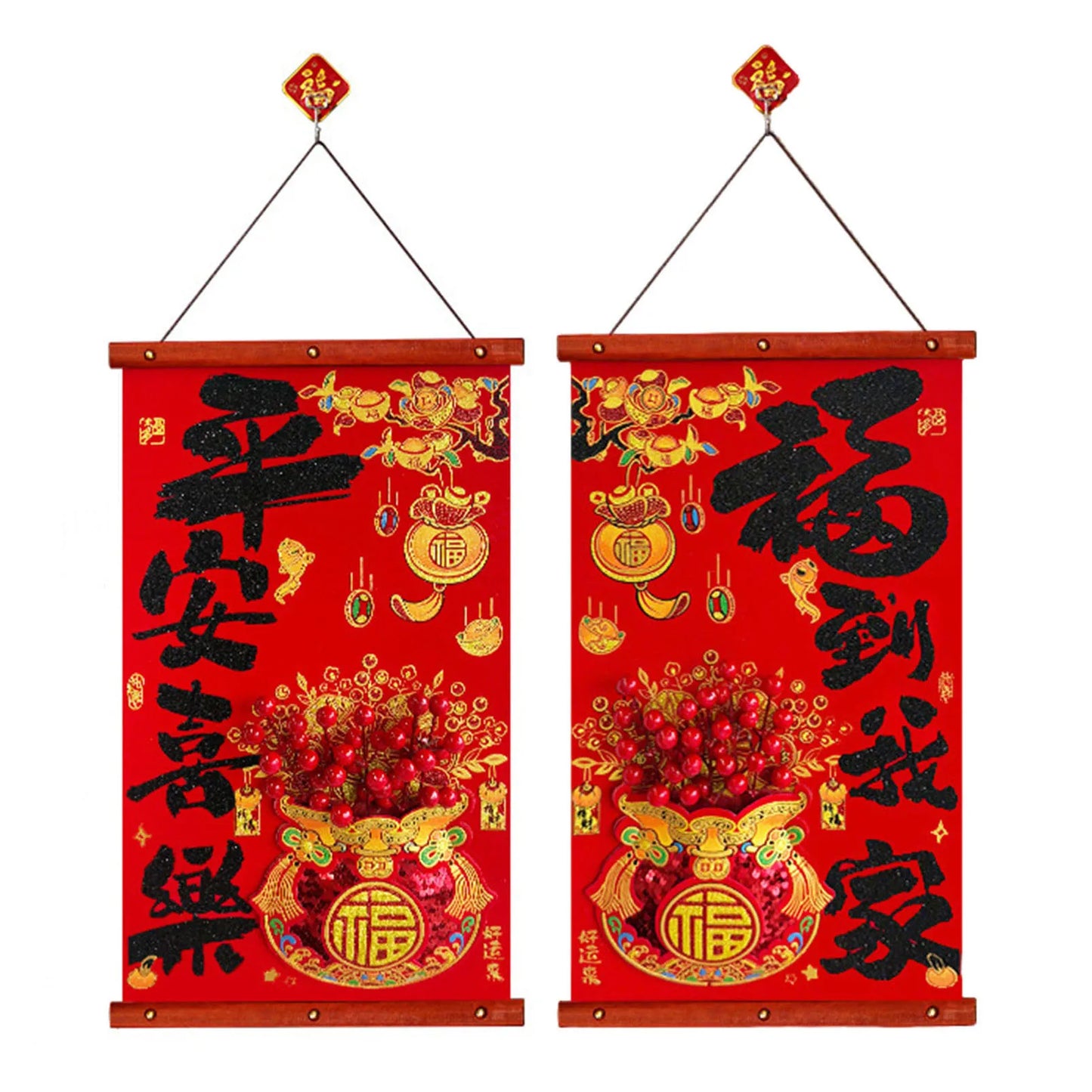 Chinese New Year Fu Characters Couplets For Front Door Decoration Authentic Chinese New Year Charm. Festive Entryway Decor Peaceful Pleasures Health and Wellness AB