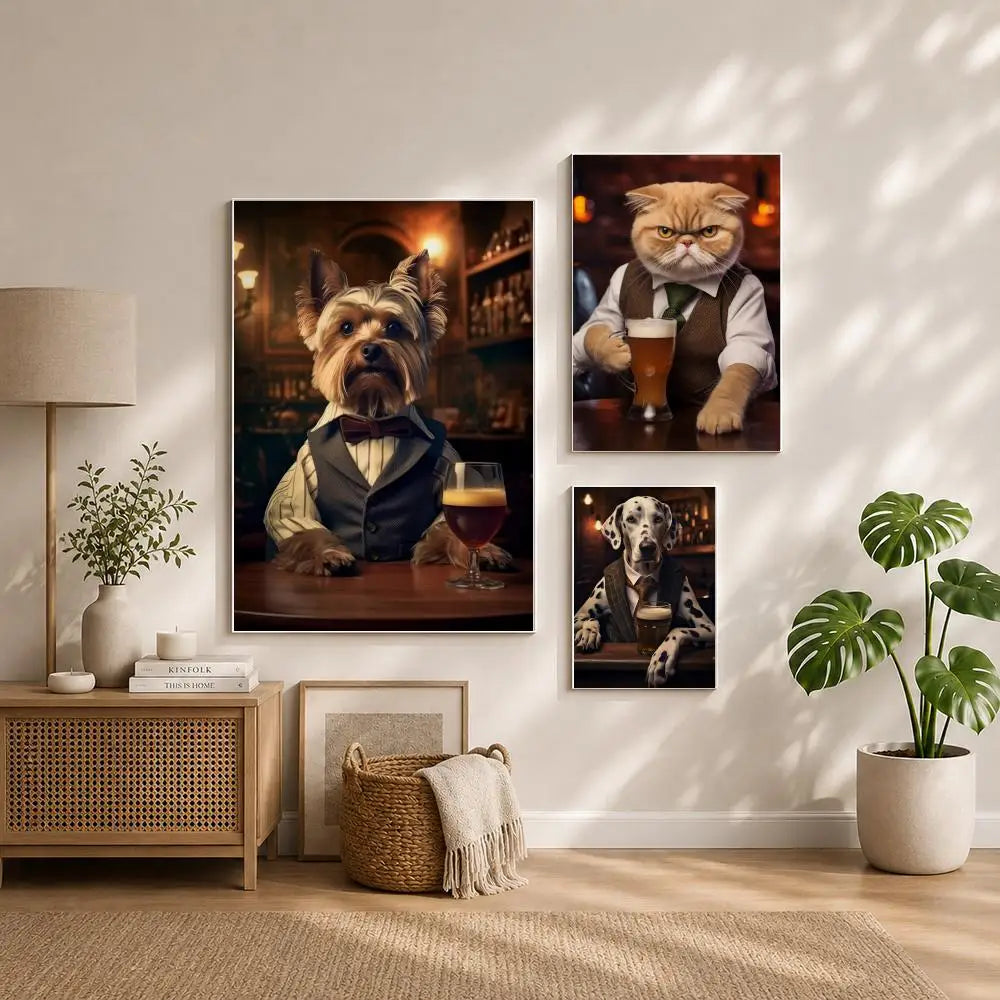 Art D-Dogs Cats at the PubS Poster HD Self Adhesive Waterproof Wall Art Ideal for Home Office Dorm Bedroom Great Gift Peaceful Pleasures Health and Wellness