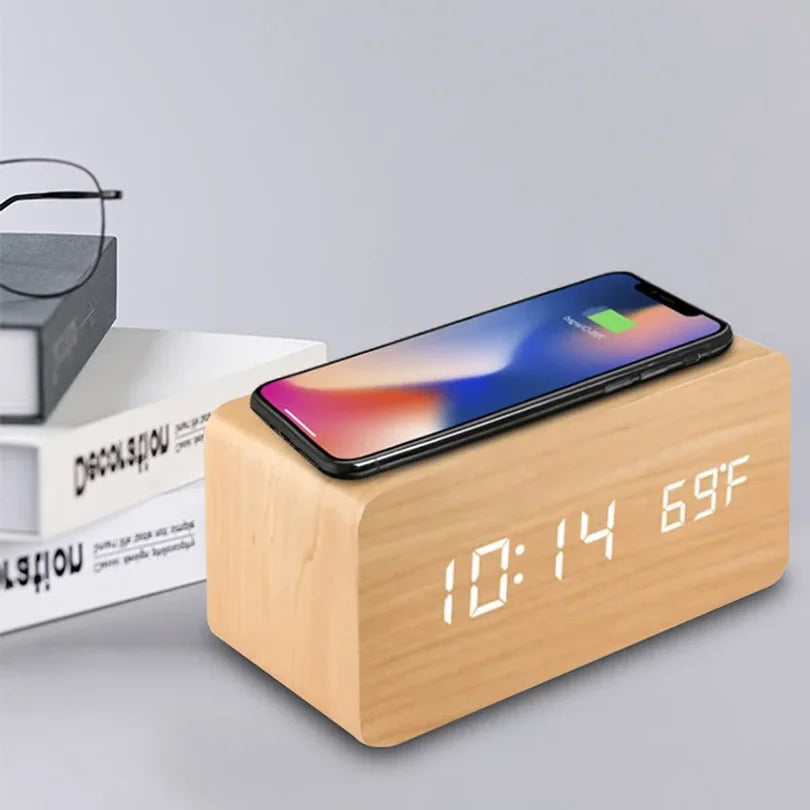 Wooden Digital Alarm Clock with Wireless Charging LED Clock with Time Date Temperature Desk Clocks for Office Bedside Clock Peaceful Pleasures Health and Wellness