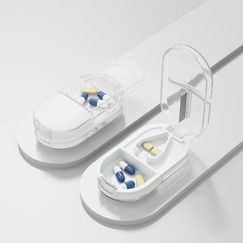 2-in-1 Portable Pill Cutter & Dustproof Storage Box Organizer
