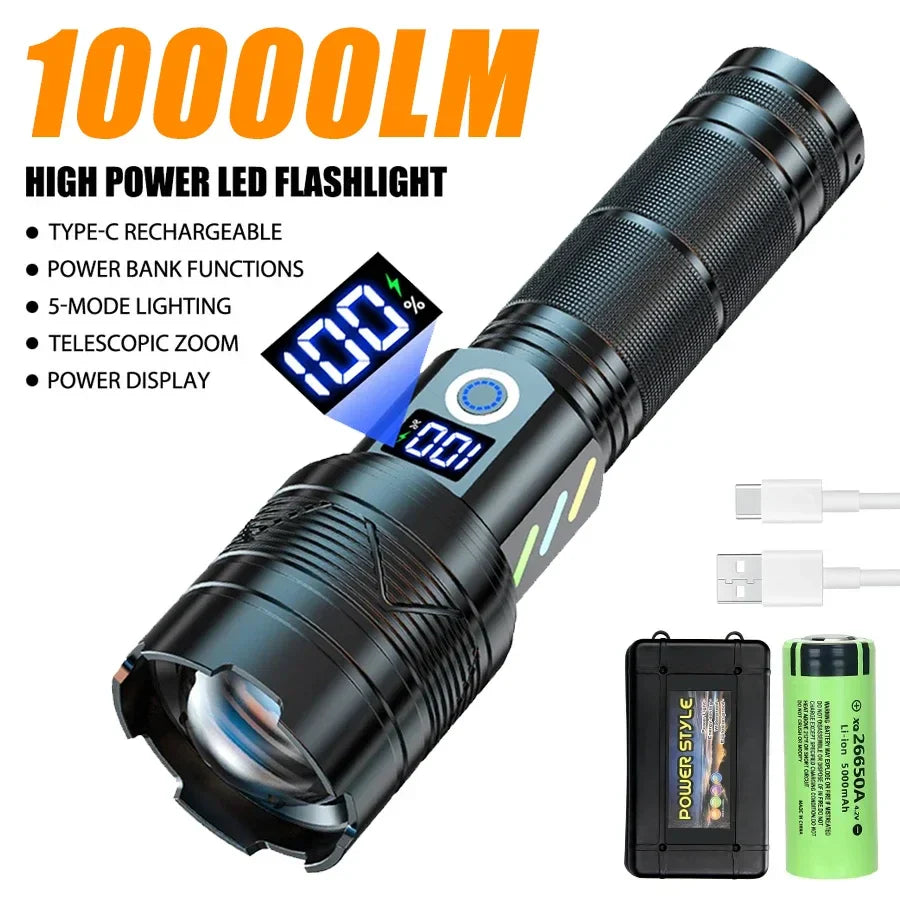 Super Bright LED Flashlight | Zoom, USB-C, Power Bank, Display