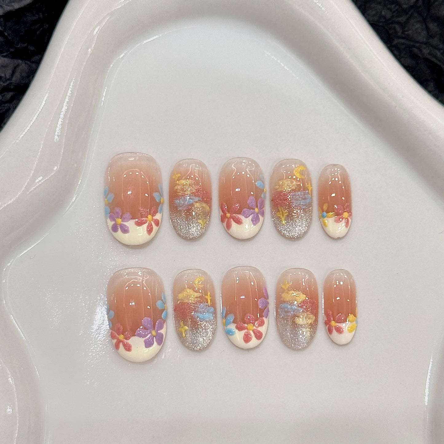 10pcs Handmade Round Press on Nails Sweet Cute Flowers Fake Nails for Girl Wearable Reusable Shiny Korean Style False Nail Tips Peaceful Pleasures Health and Wellness L 1