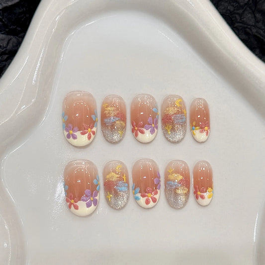 10pcs Handmade Round Press on Nails Sweet Cute Flowers Fake Nails for Girl Wearable Reusable Shiny Korean Style False Nail Tips Peaceful Pleasures Health and Wellness L 1