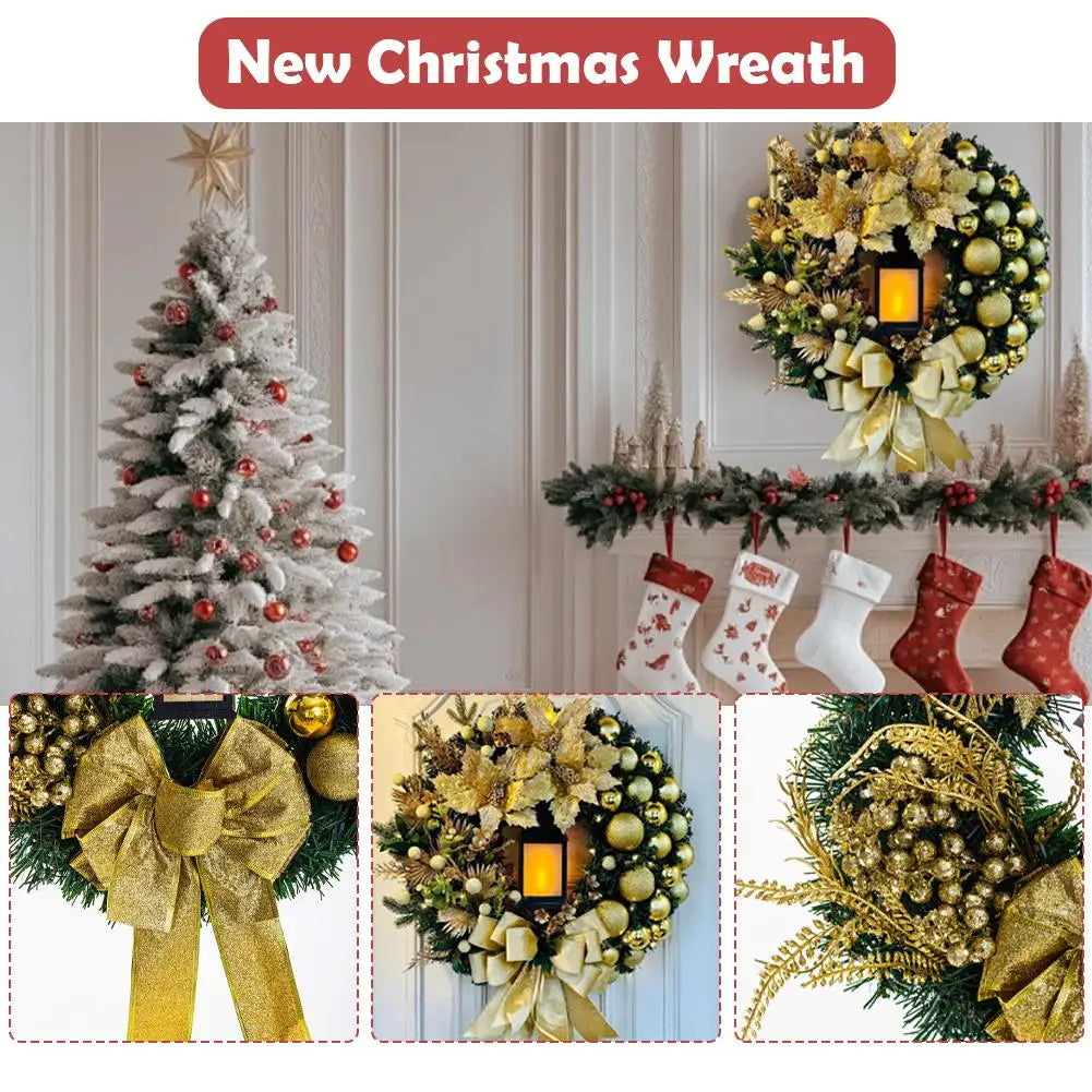 LED Christmas Wreath with Bow & Red Flowers | 40cm Door Decor