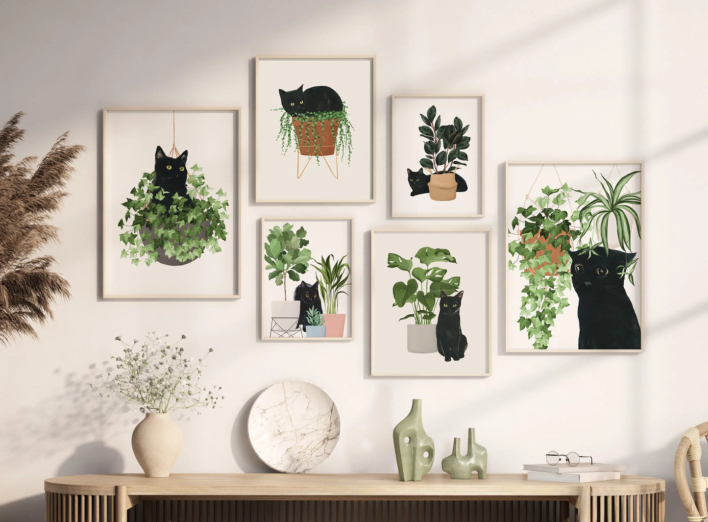 Watercolor Kittens Print Cat and Plant Poster Wall Art Leisurely Cute Kitty Canvas Painting Living Room Bedroom Home Decor Peaceful Pleasures Health and Wellness