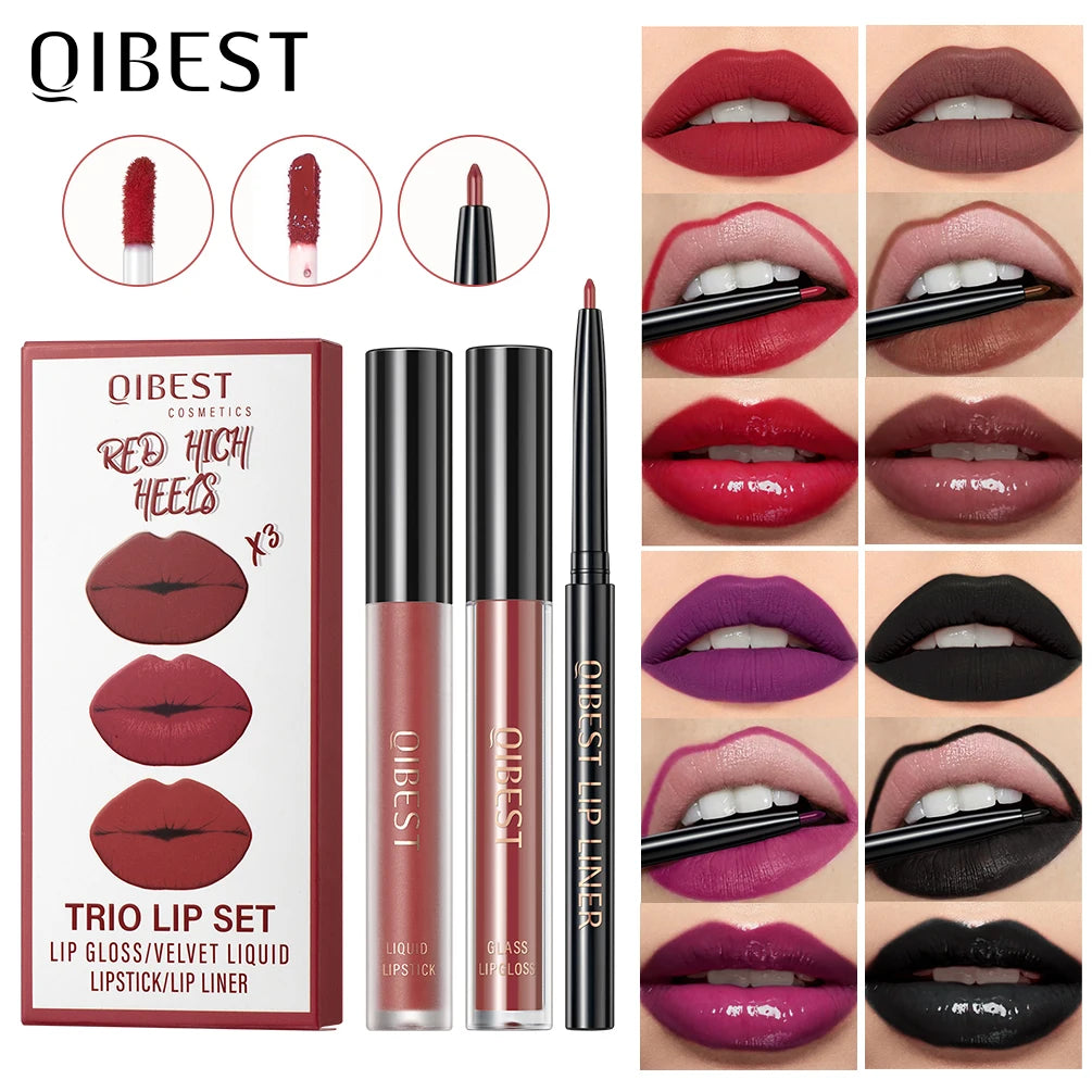 QIBEST Hots 3pcs Liquid Lipstick And Lip Liner Makeup Sets Nude Velvet Lip Gloss Lip Tint Lasting Black Lip Glaze Cosmetics Kits Peaceful Pleasures Health and Wellness