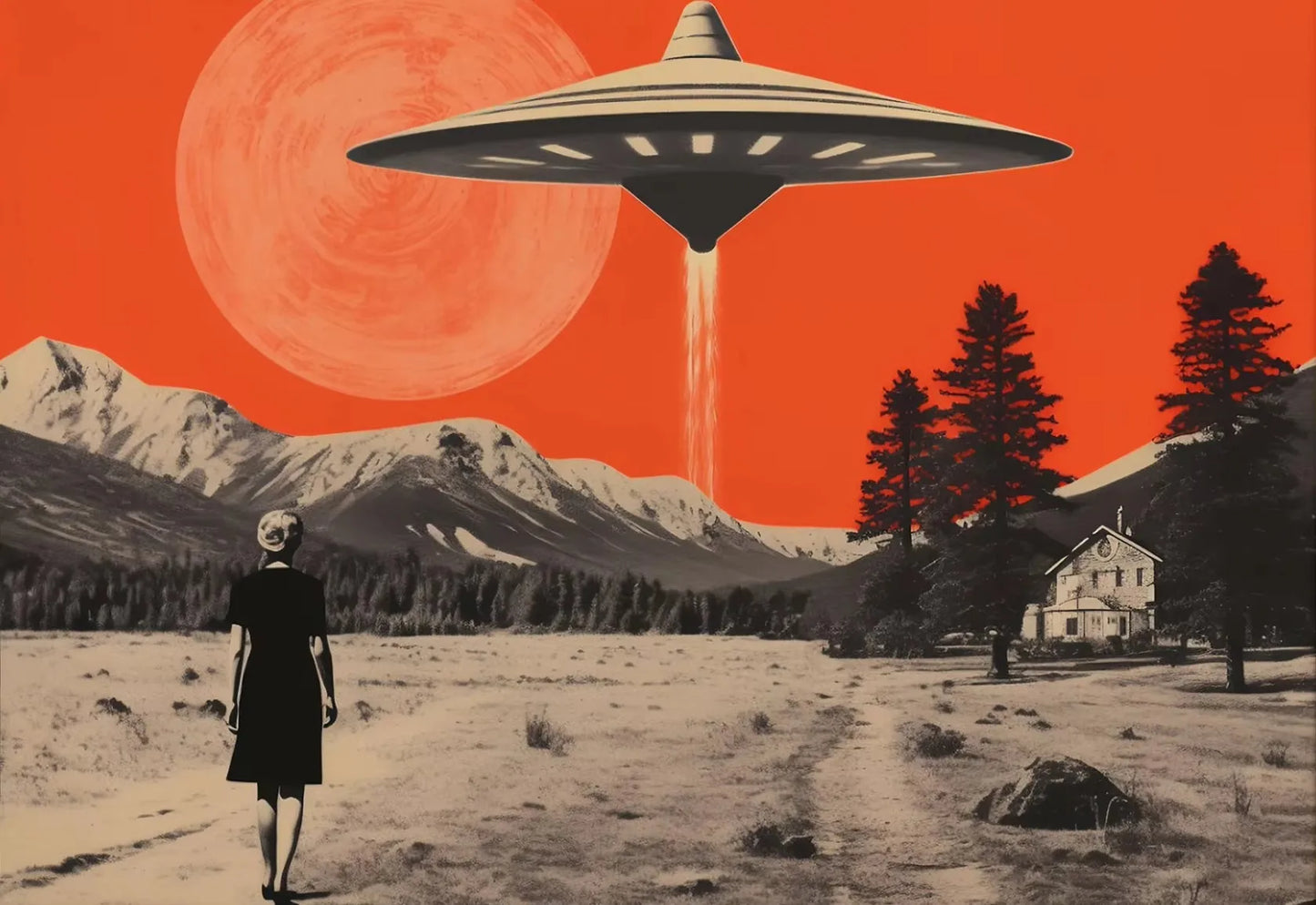 UFO Flying Saucer Alien Drink Coffee Art Print Poster Cow Abduction Canvas Printing Print Retro Sci Fi Wall Art Funny Home Decor Peaceful Pleasures Health and Wellness MULTI 30x40cm