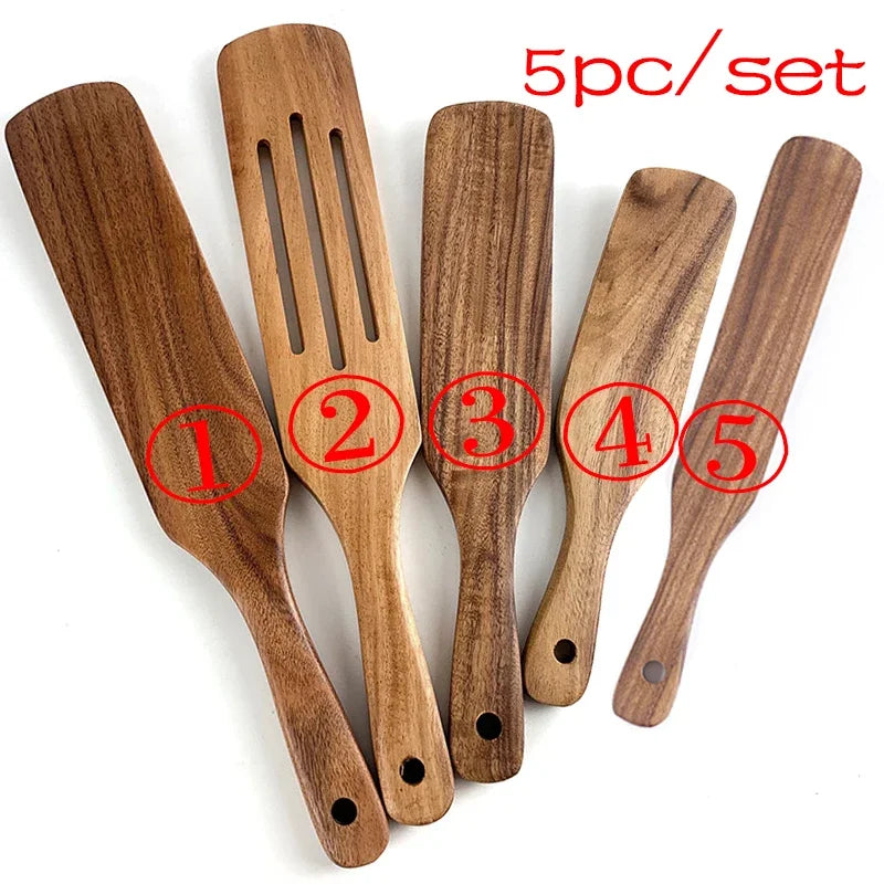 7pcs/set Teak Natural Wood Tableware Spoon Ladle Turner Rice Colander Soup Skimmer Cooking Spoon Scoop Kitchen Reusable Tool Kit Peaceful Pleasures Health and Wellness shovel 5PC